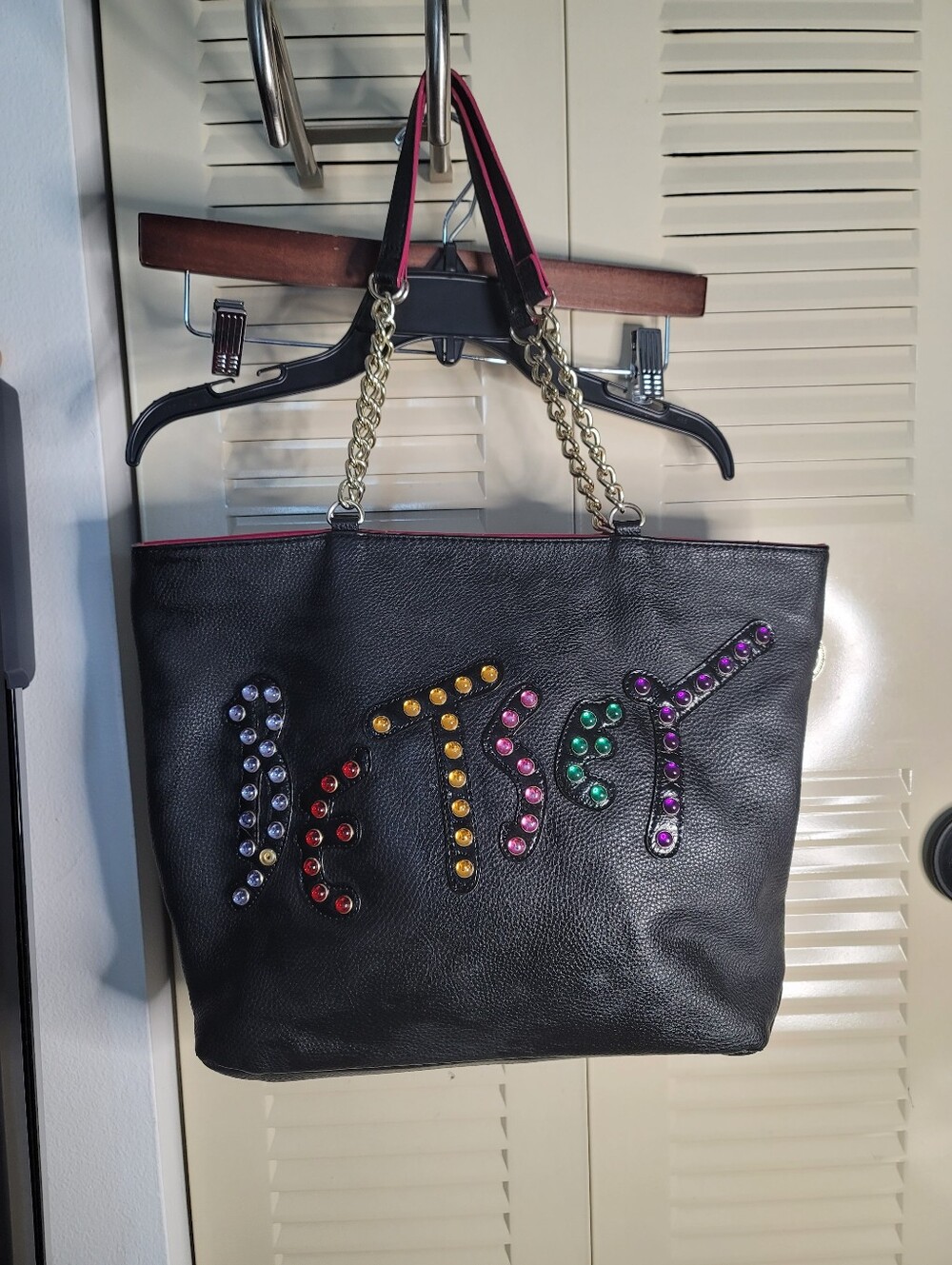 Vintage Betsey Johnson Rhinestone Logo Tote Black Leather Large Shoulder Bag Y2K